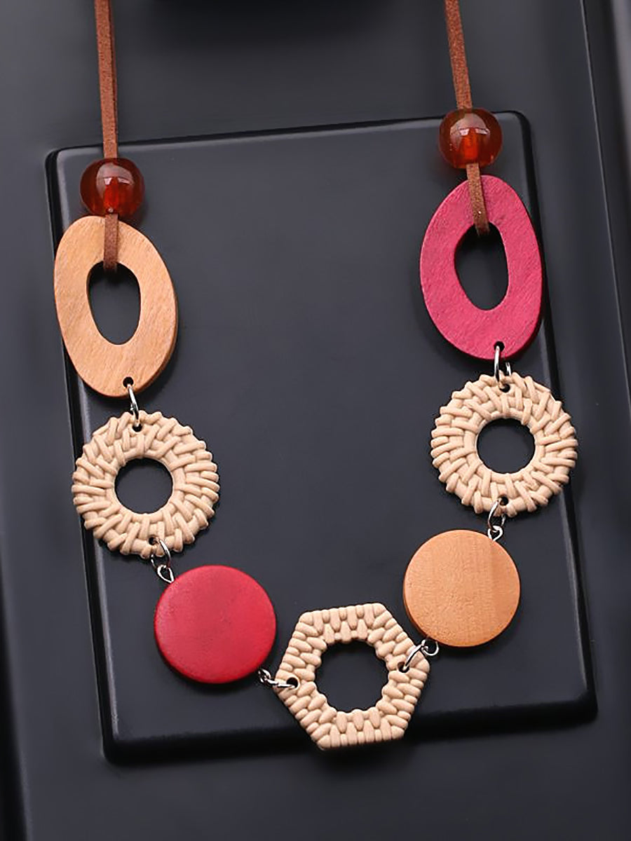Women Ethnic Wooden Necklace Geometric