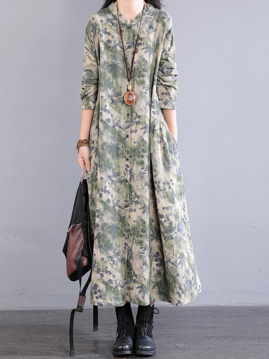 Dress 100%Cotton Women Autumn Print Collar Stand Retro