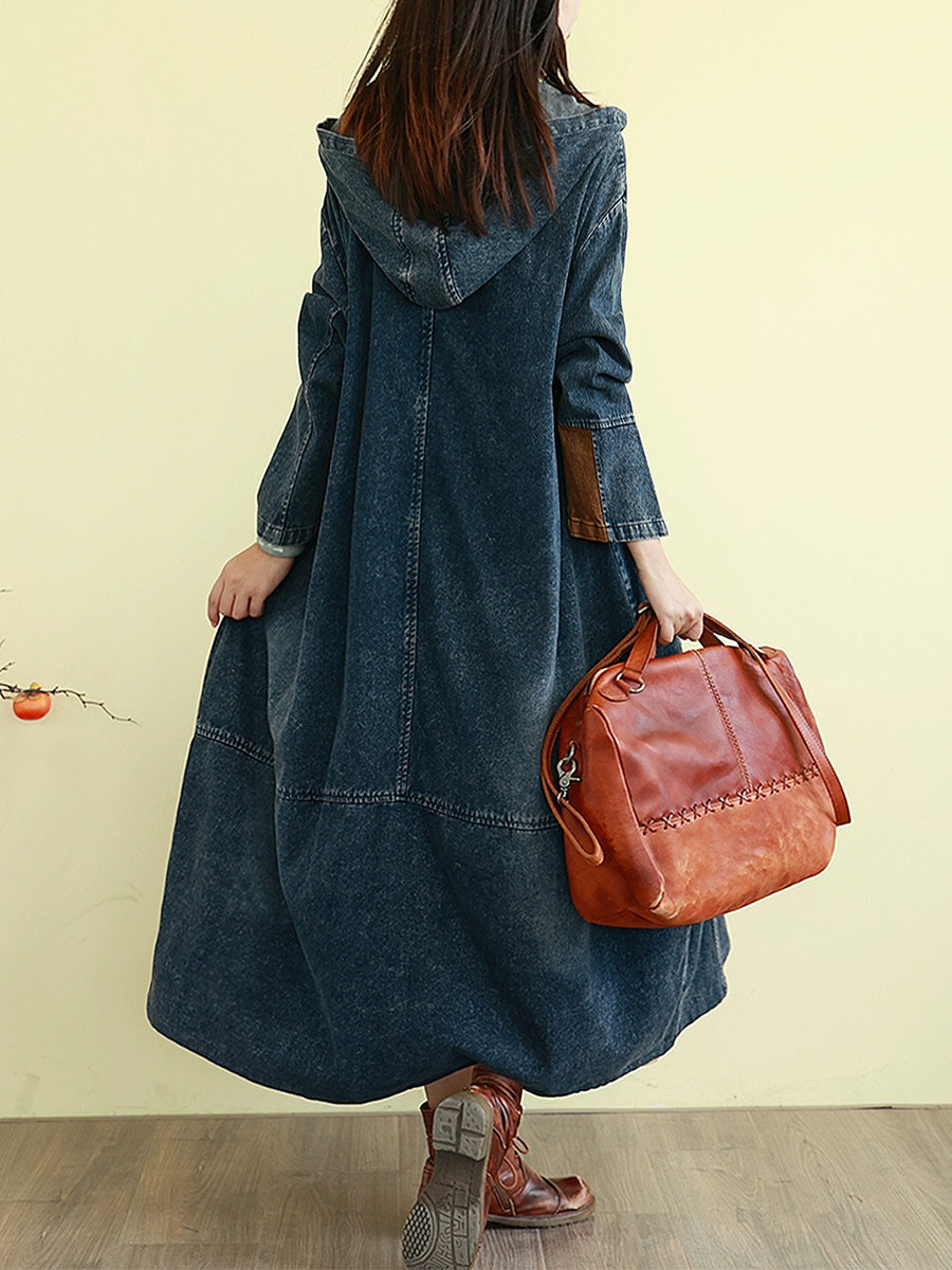 Denim Autumn Long Colorblock Hooded Coat Women