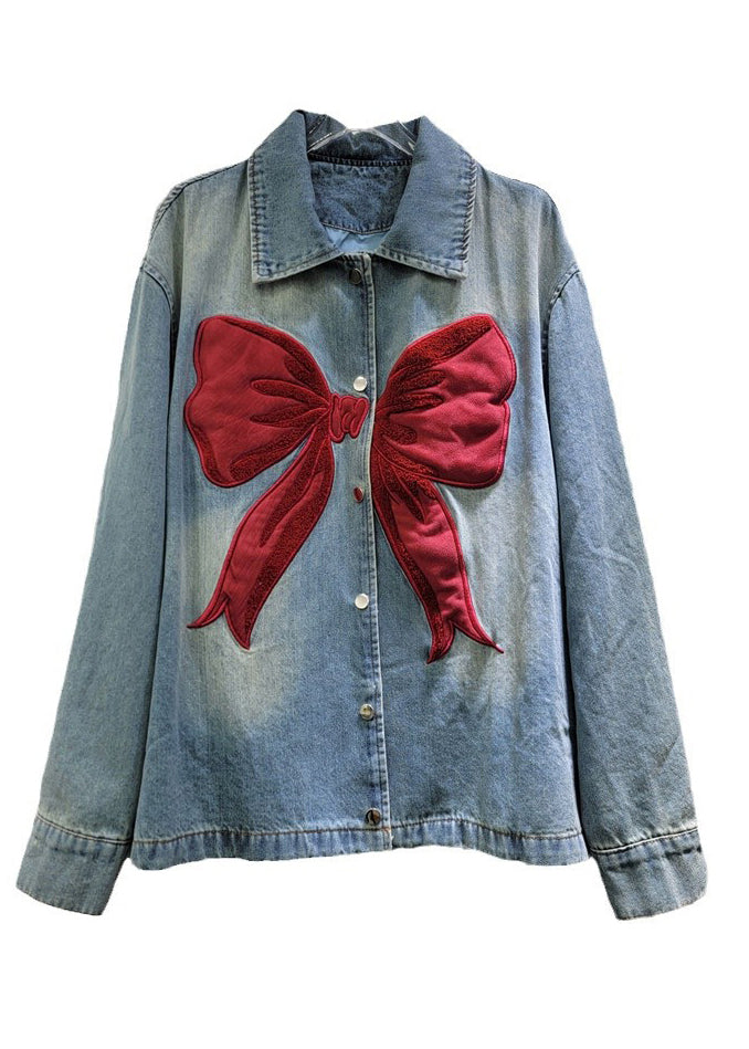 Button New Pan Denim Blue Bow Collar Coat Peter Spring