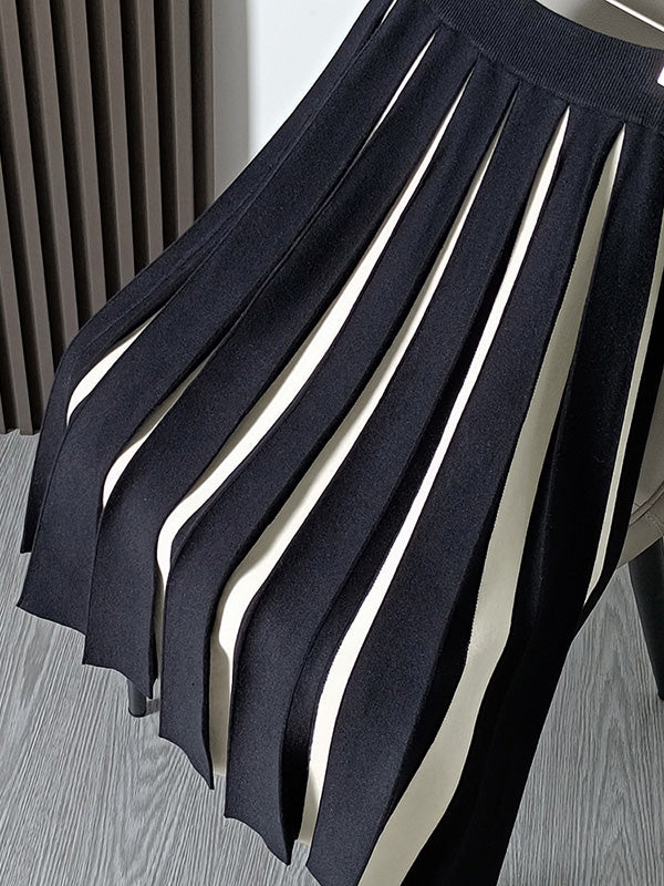Retro White Color Knit Skirt Contrast Pleated A-line