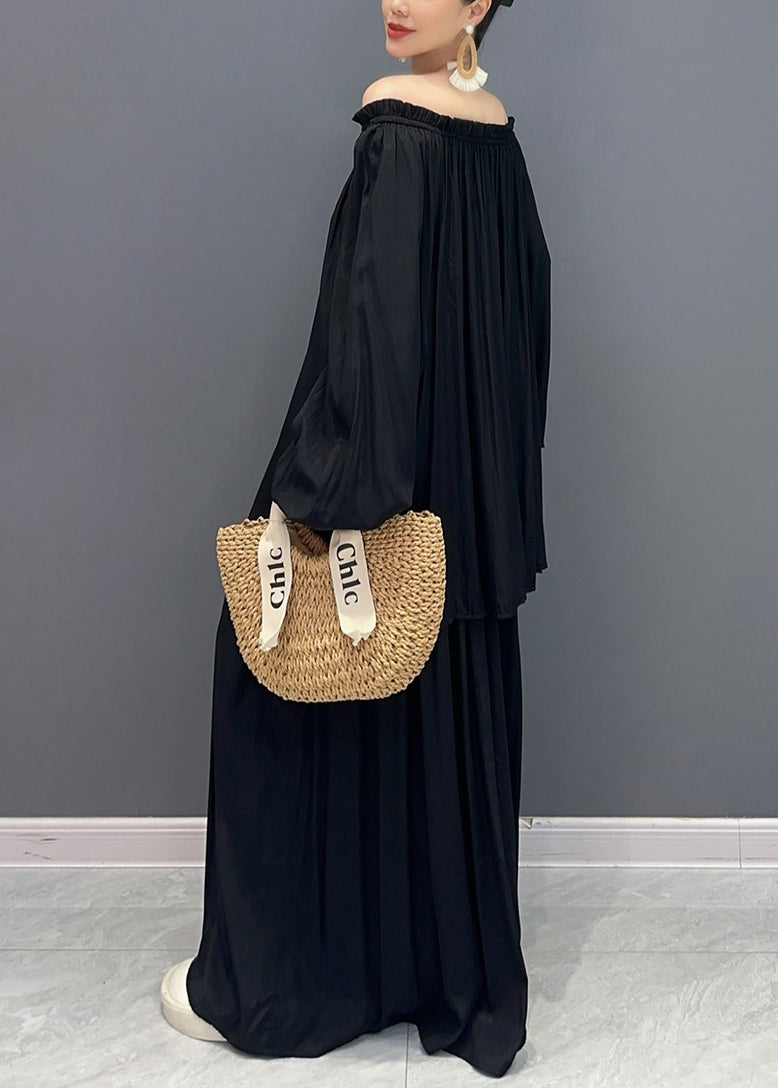 Französisches schwarzes Zweiteiler-Set mit Schlitzausschnitt und Rüschen und Laternenärmeln AO1005