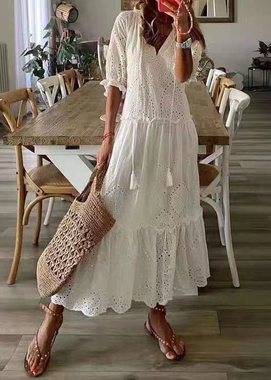 Hollow White Dress Party Elegant Ruffled Summer Out Cotton