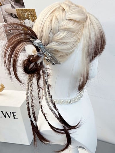With Braided And Color Ombre Hair White Wig Synthetic Bangs Brown Full