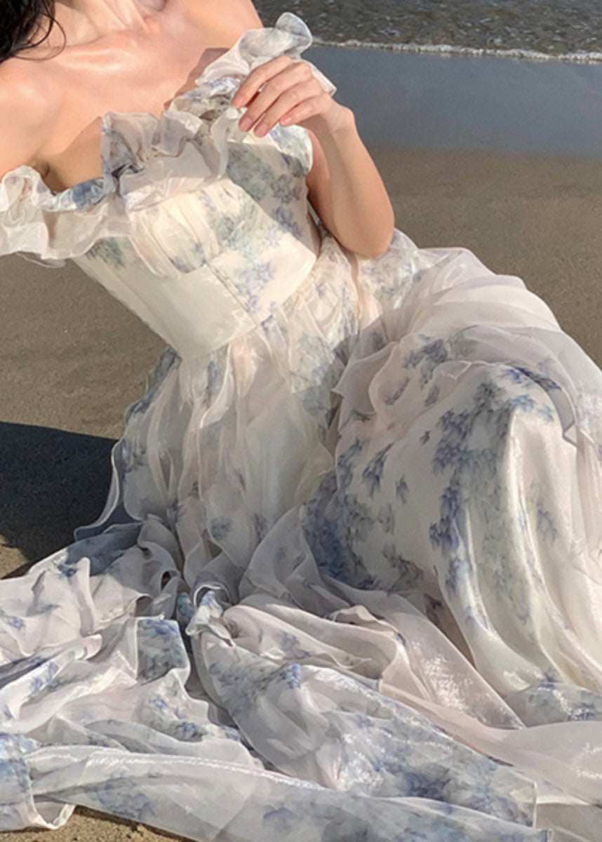 Robe longue en mousseline de soie à imprimé à volants et à la mode pour l'été TT1020