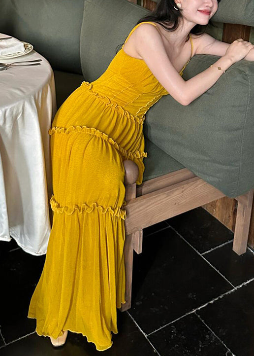 Cotton Solid Yellow Strap Sleeveless Spaghetti New Dress Ruffled