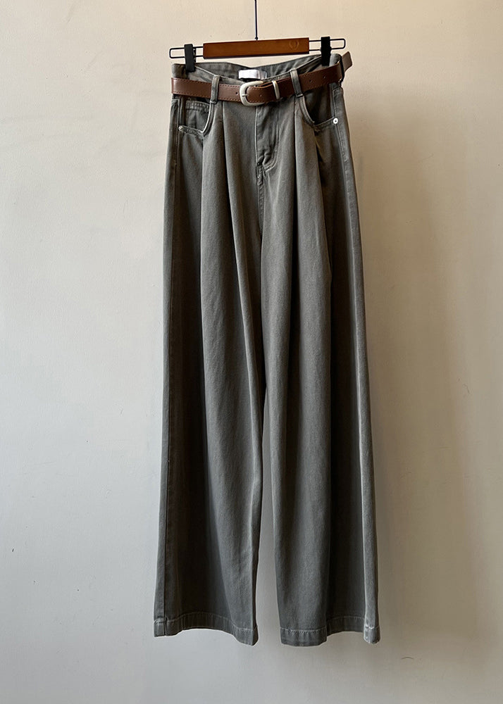 Pantalon droit en denim taille haute avec poches kaki Boutique Automne AF1006