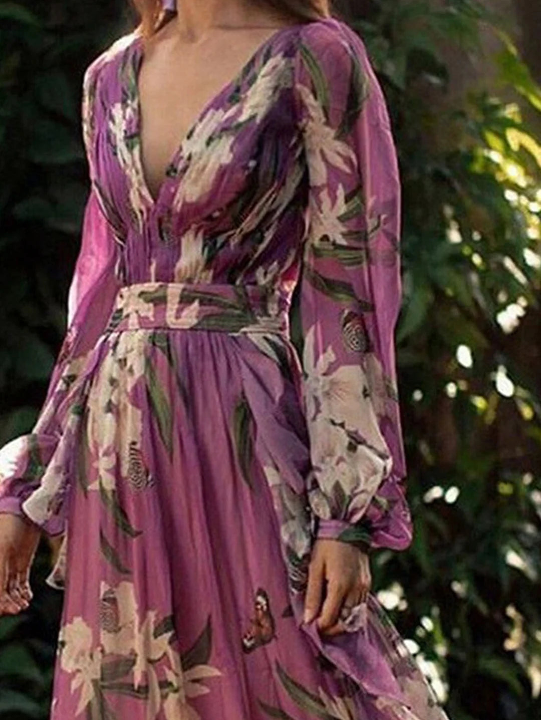 Floral Butterfly Elegant Pattern Neck V Maxi Dress