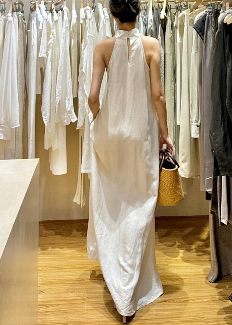 Neue weiße schulterfreie Maxikleider aus massiver Baumwolle ärmellos EE011