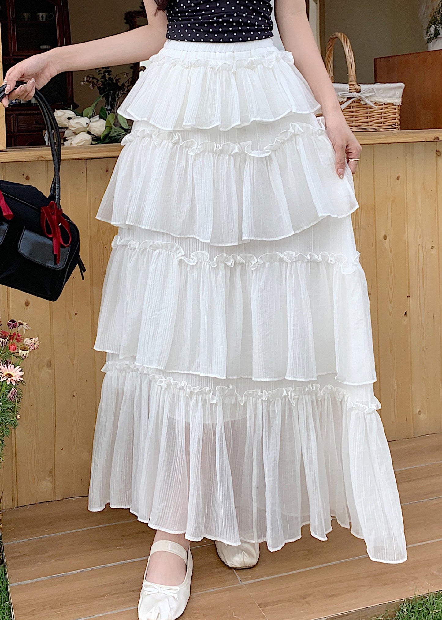 Jupe en coton à taille élastique à volants noirs tendance pour l'été TT1021