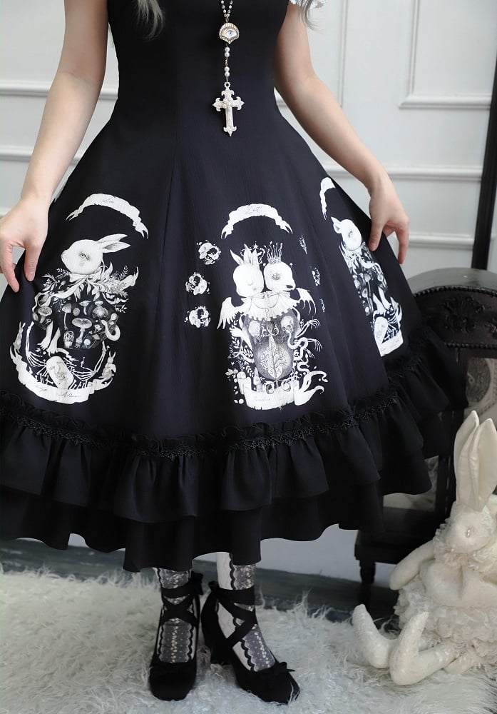 Print Fit Gothic Slim Waist Dark Black Lolita Dress Bunny