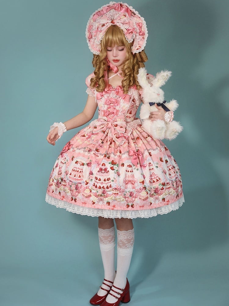 Strawberry Lolita Pink Bow Set Dress Print Cake Full Sweet Accents /