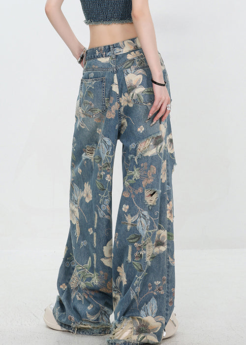 Pants Denim Print Waist Blue Hole Unique High Summer