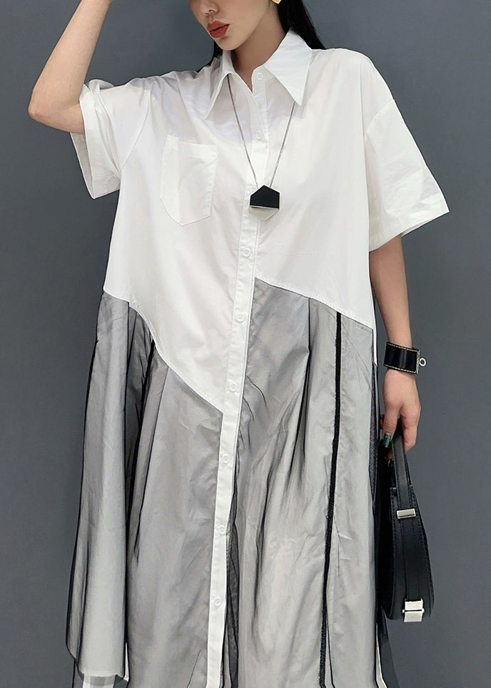 Robe chemise patchwork froissée à col Peter Pan d'été 2024 AO1018