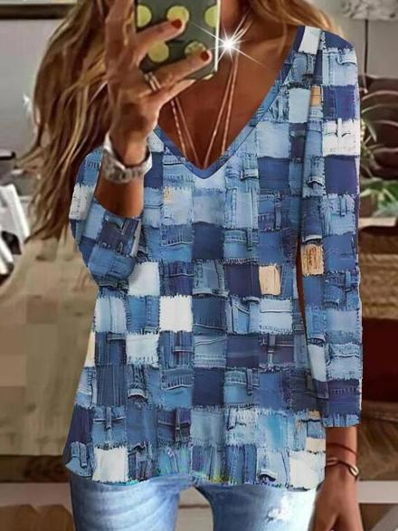 Haut décontracté à col en V et coupe régulière à blocs de couleurs ap110