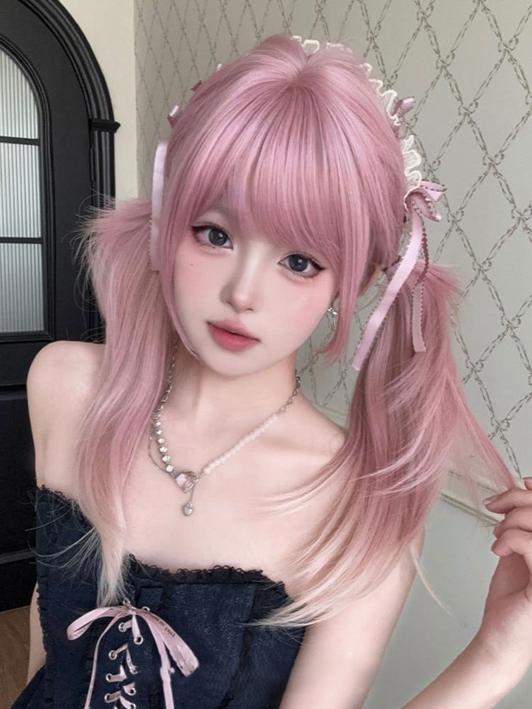 Ombre 68CM Wig Bangs Length Straight Hair Air Pink Color With