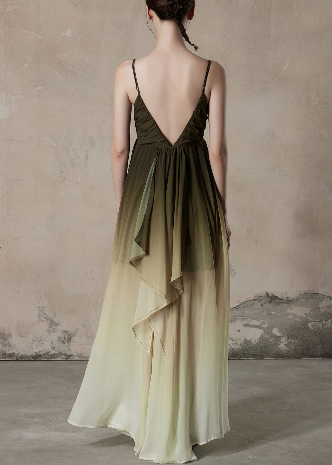 V Long Wrinkled Sleeveless Neck Chic Color Gradient Dress Chiffon