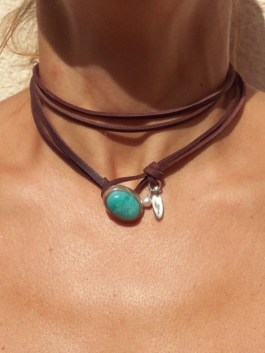 Casual Turquoise Leather Multilayer Necklace Choker Western Wind Ethnic Women's Jewelry AD1112