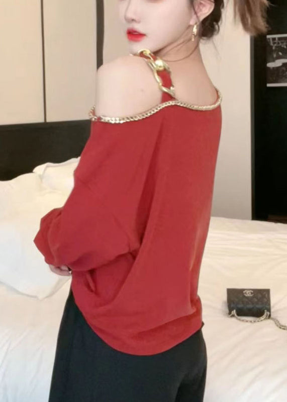 Haut chic en coton rouge à épaules dénudées et manches longues avec chaîne TT1001