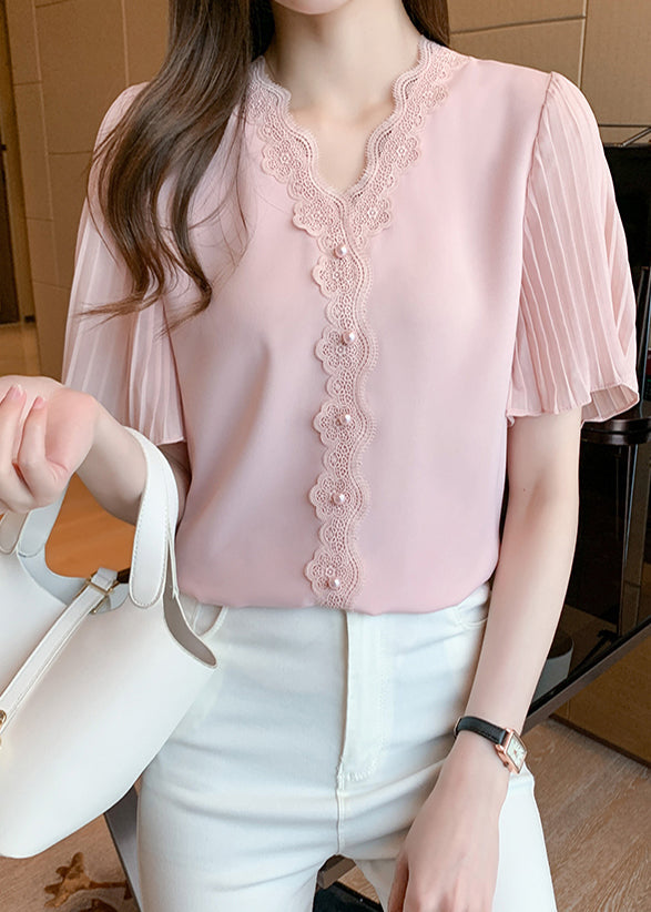 Bead Chiffon Shirt Top Patchwork Summer Pink Nail Italian Lace