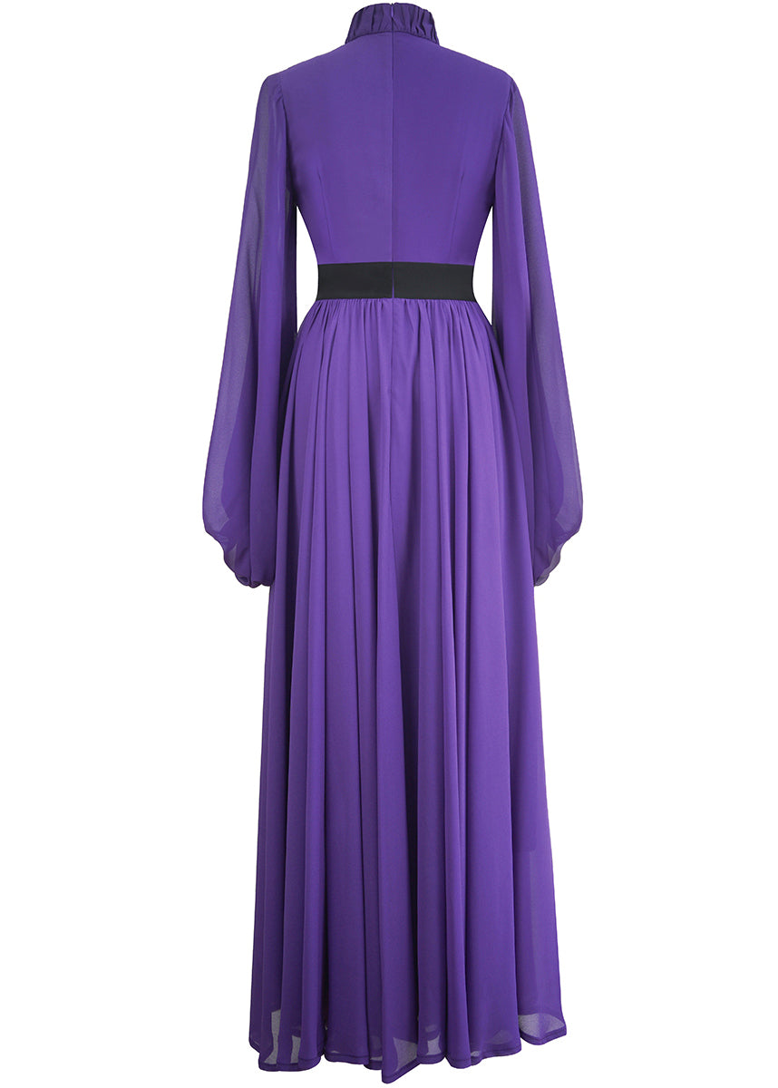 Wrinkled Purple Lantern Collar Silk Stand Italian Long Dresses