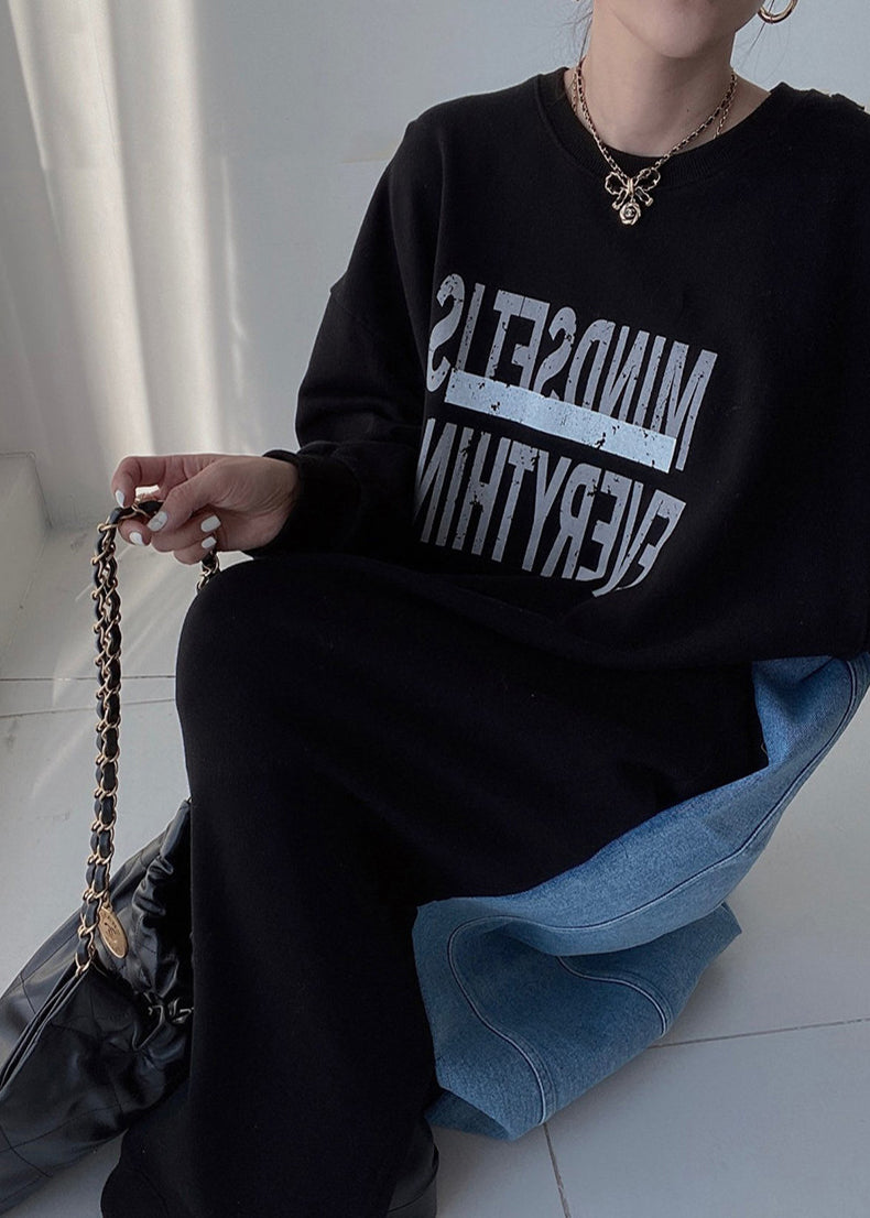 Long Black Spring Dresses Patchwork Oversized Natural Denim