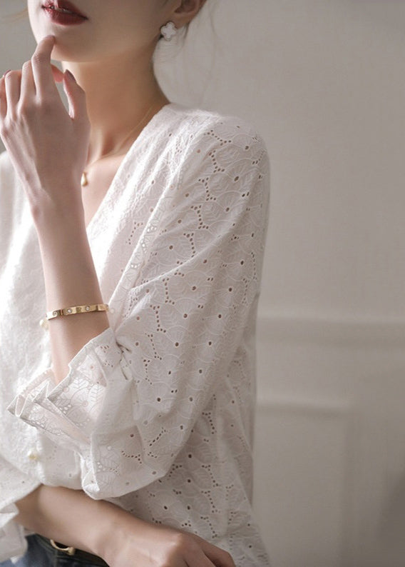 Top Cotton White French Neck Out Flare Hollow Embroidered V