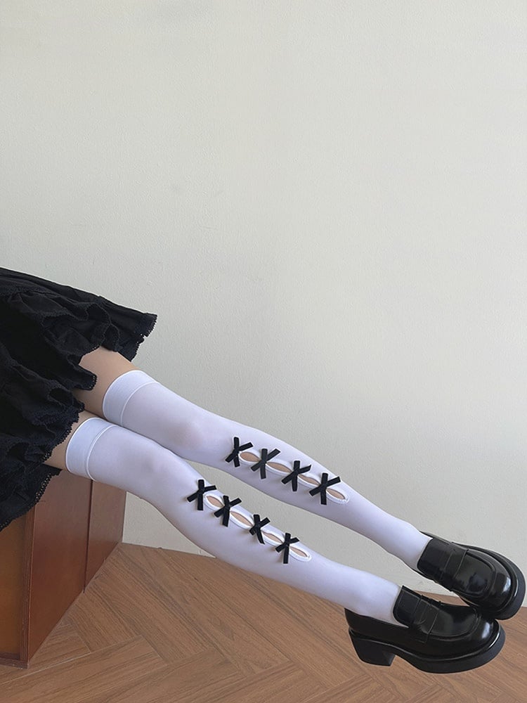 Bowknot Black/White Overknee Stockings Cut-out Design