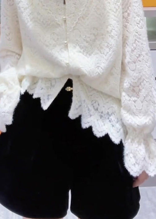 White Spring Lace Neck V French Patchwork Top