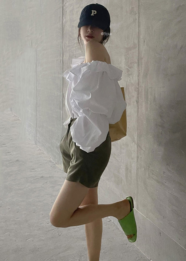 Blouse Shoulder Cotton French Cold Puff Top White Sleeve
