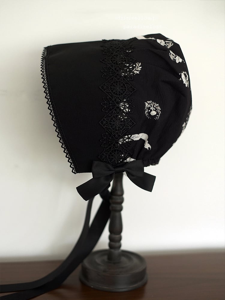 Lolita Black Bunny Print Bonnet Dark