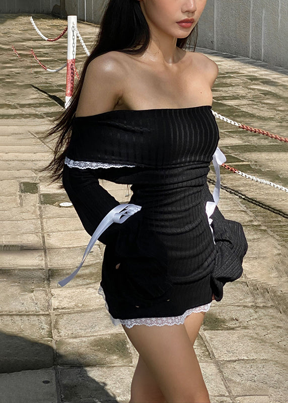 Slim Slash Fit Lace Cotton Spring Dress Black Bow Neck Knitting