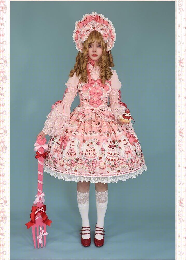 JSK Sweet Lolita Pink Desserts Set / Print and Full Bow Strawberry Accents