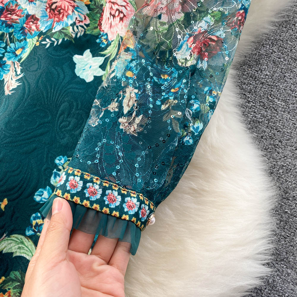 French Green High Neck Lace Stitching Beaded Floral Print Long Sleeve Dress