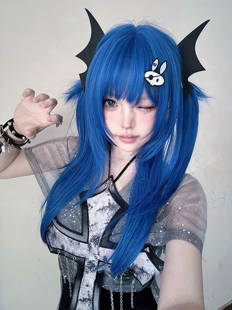 Blue 63CM Bangs Full Length With Straight Wig