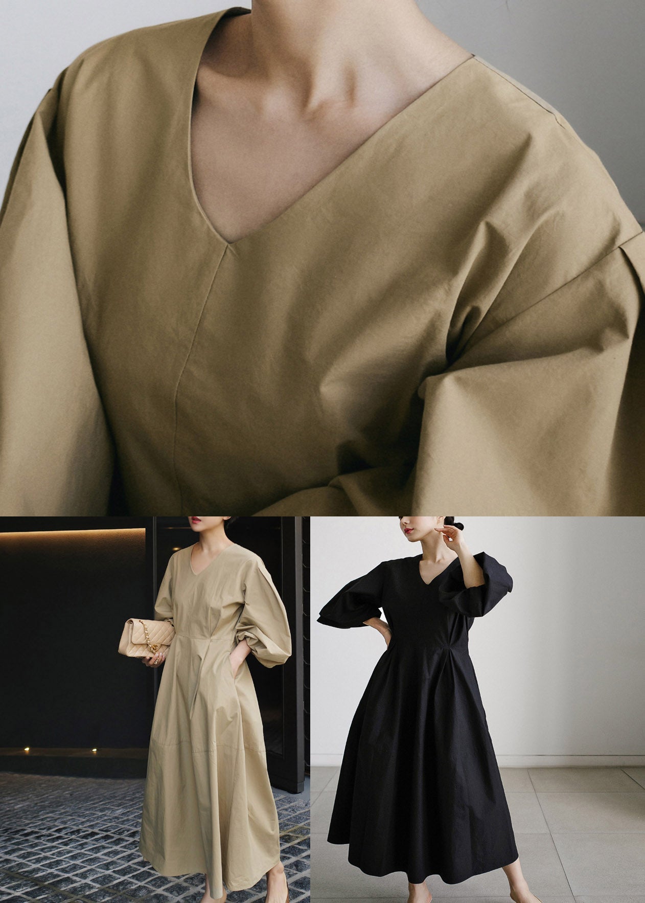 Lantern Dress Cotton Black Vacation Wrinkled Sleeve Pockets