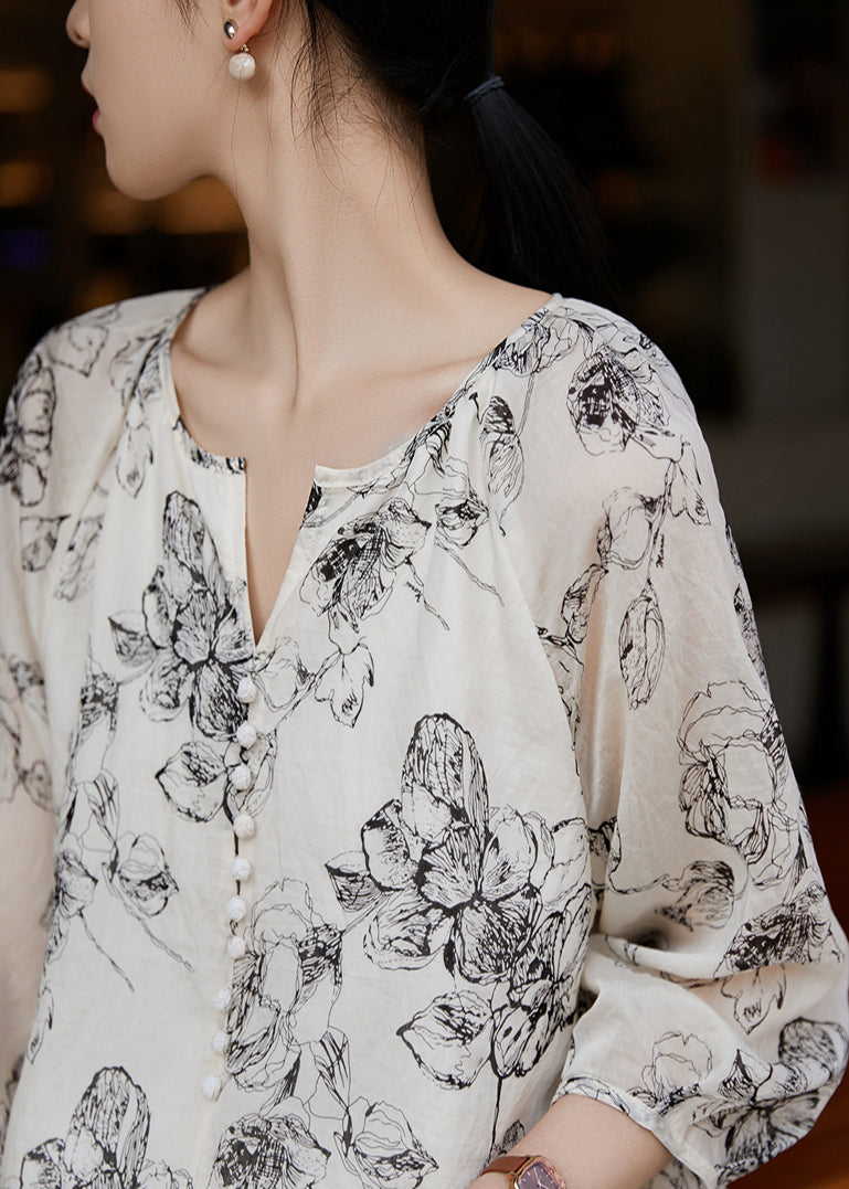 Cotton Print Bracelet Oversized Sleeve Shirts White Boho