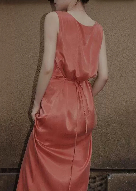 Women Solid Lace Dresses Long Sleeveless Silk Orange Up