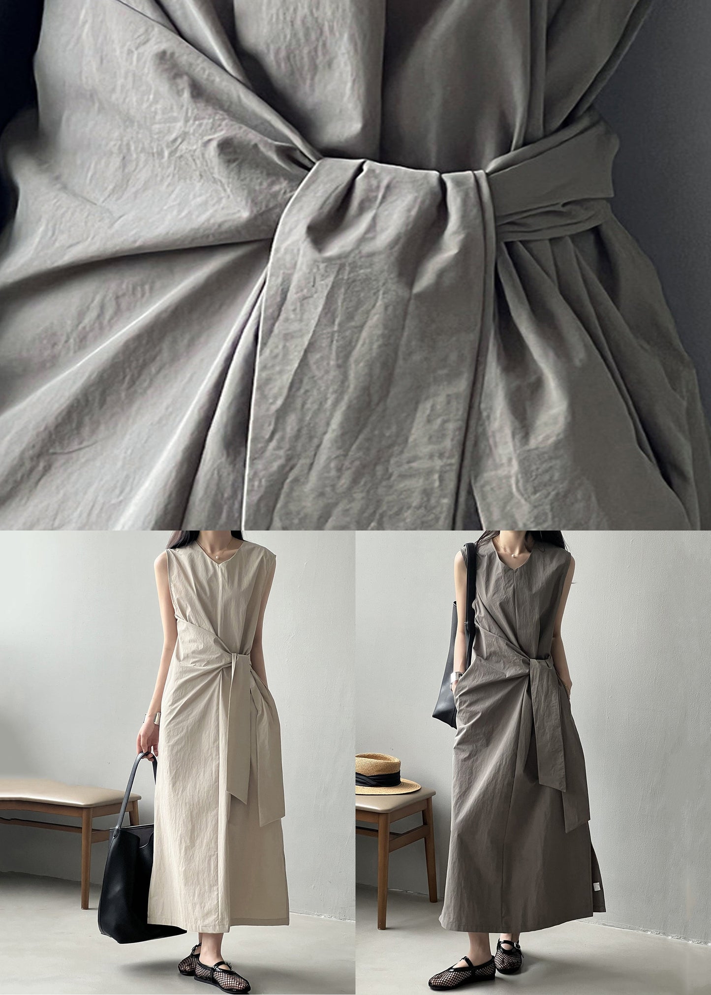 Long V Grey Pockets Dress Neck Design Original Sleeveless Cotton