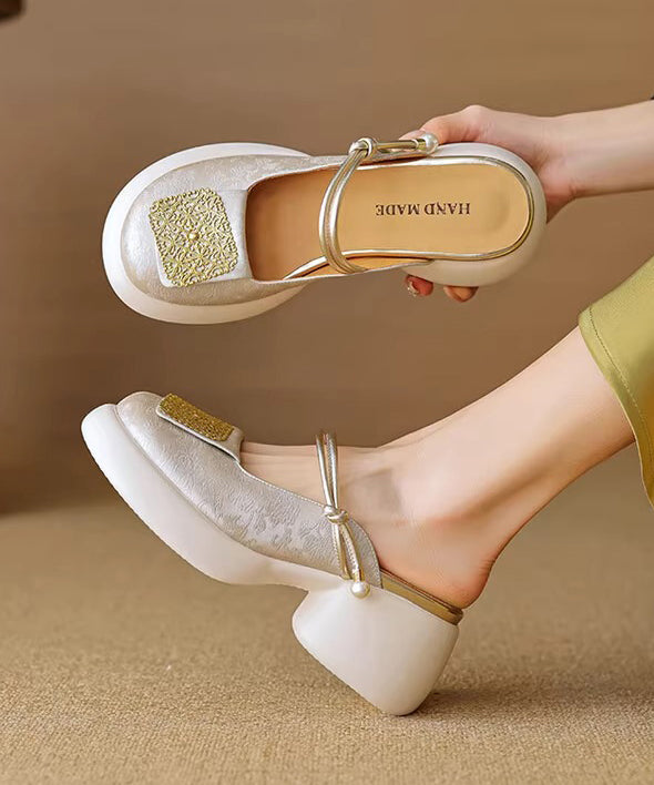 Slide Apricot Sandals Heel Chunky Splicing New Leather Faux