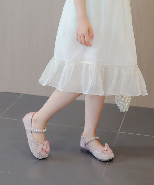 Kids Feet Flat Nail Bead Zircon Buckle Shoes Strap Apricot Girls