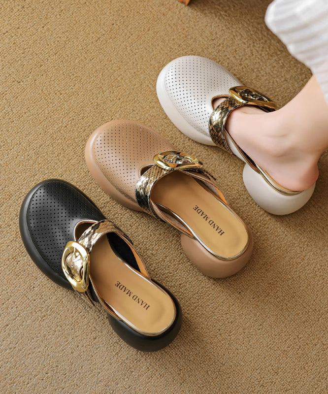 Sandals Slide Cowhide Apricot Hollow Out 2025 Leather Platform