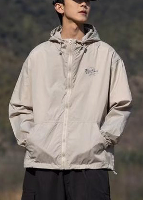 Coats Hooded Print Thin Silk Apricot Ice Pockets Summer Mens