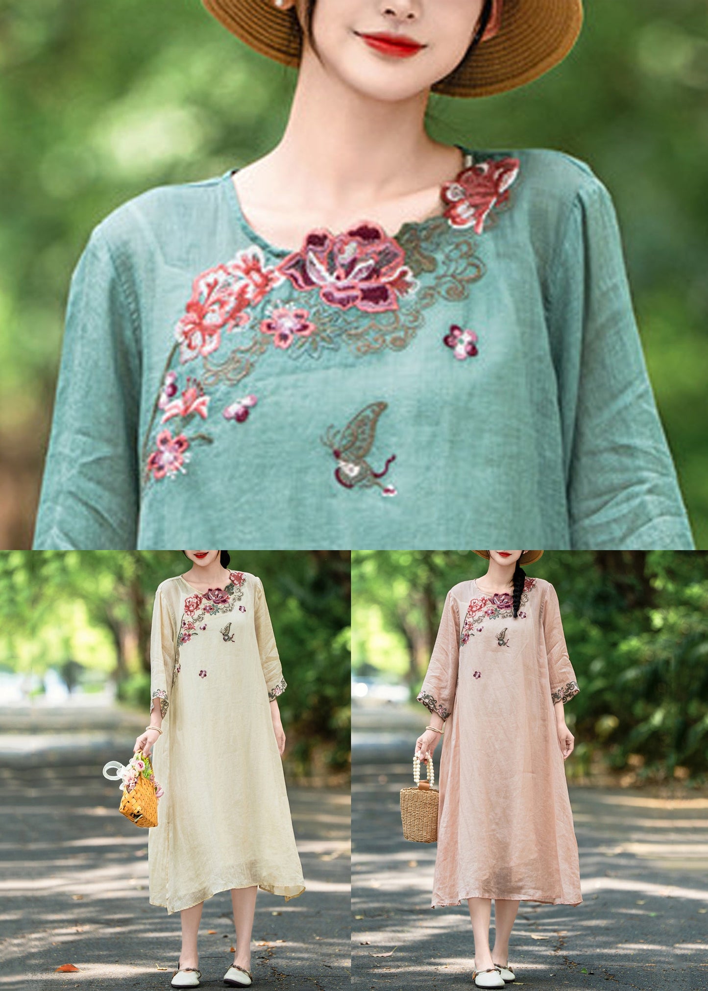 Side Linen Embroidered Dresses Sleeve Apricot Open Bracelet