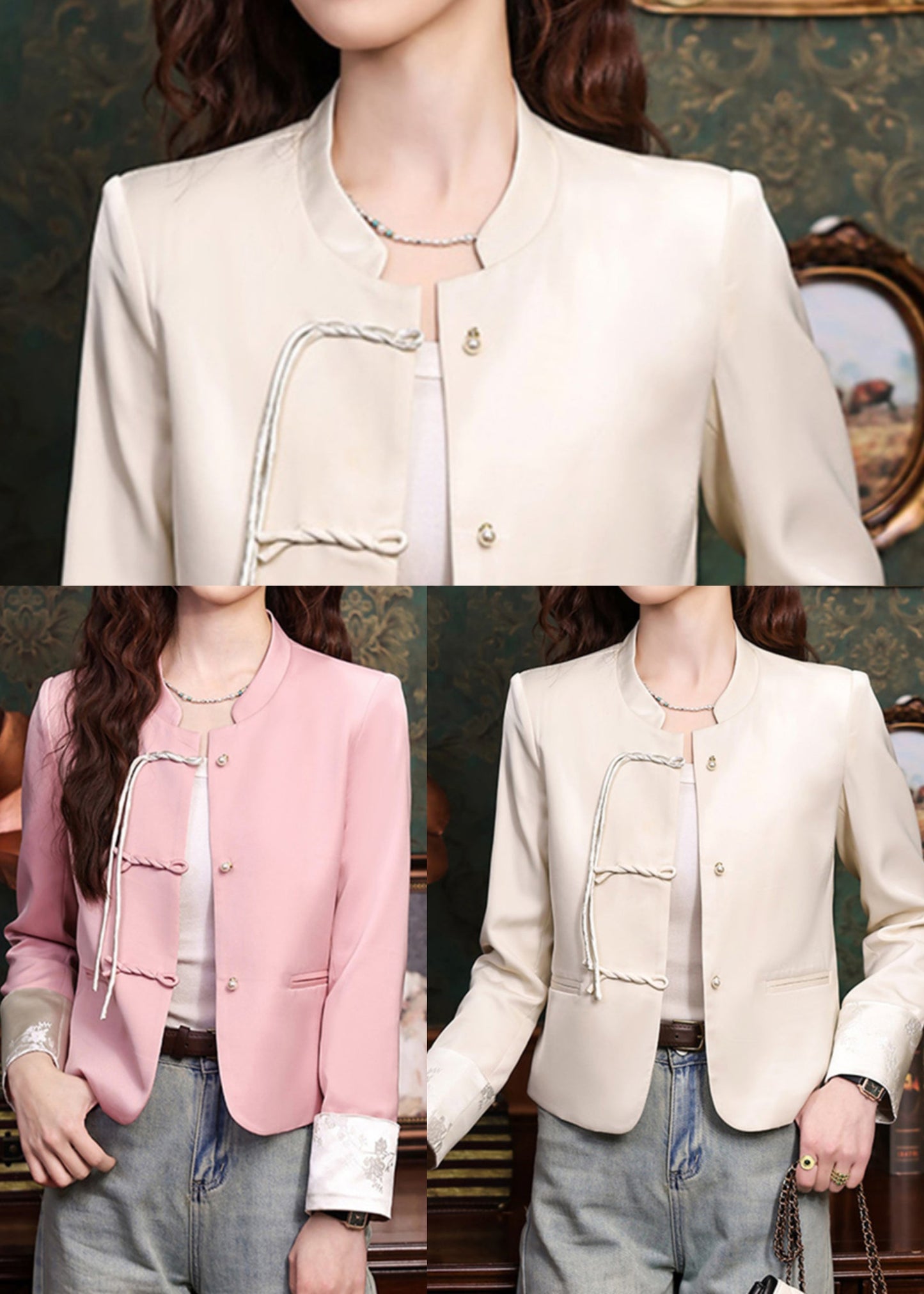 Apricot Silk Coats Tasseled Mandarin Collar Spring YJ045