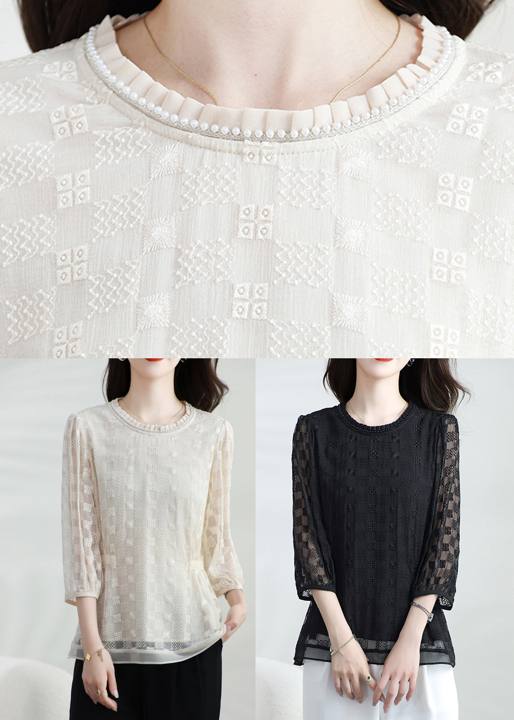 Neck Classy Silk Top Bracelet T O Shirt Apricot Embroidered