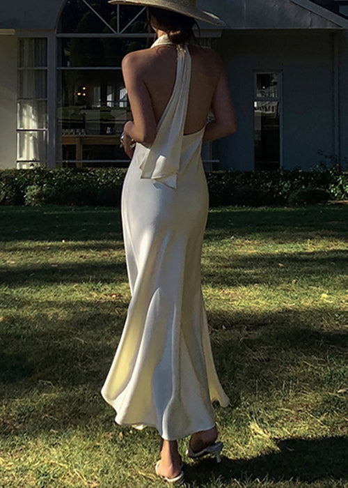 Beige Art Dresses V Silk Sleeveless Long Neck Backless Solid