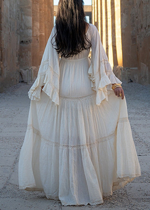 Cotton Beige Art Up Long Lace Sleeve Wrinkled Flare Dress