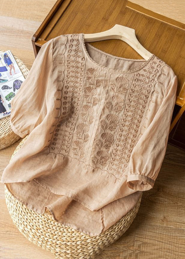 Art Blue O Neck Embroidered Linen T Shirts Half Sleeve YH007