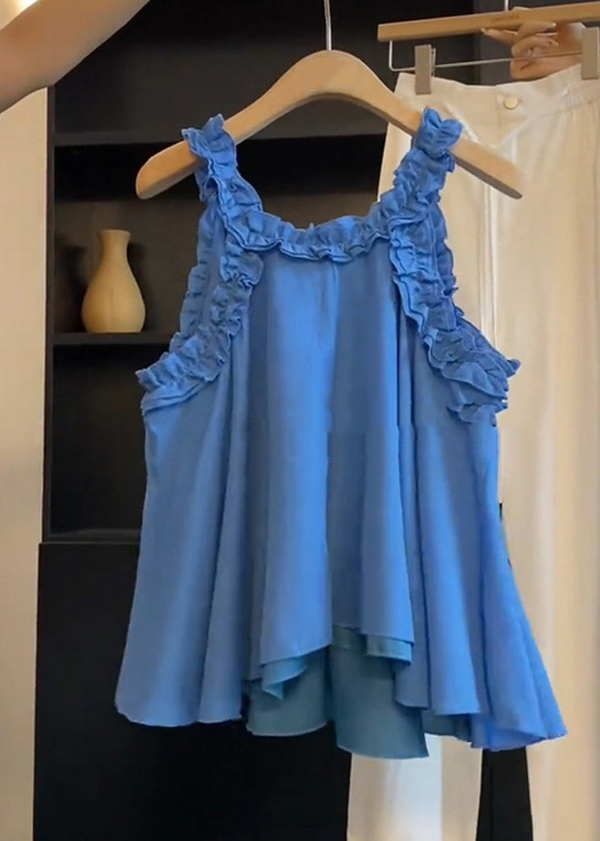 Ruffled Solid Sleeveless Art Cotton Blue Blouse Top